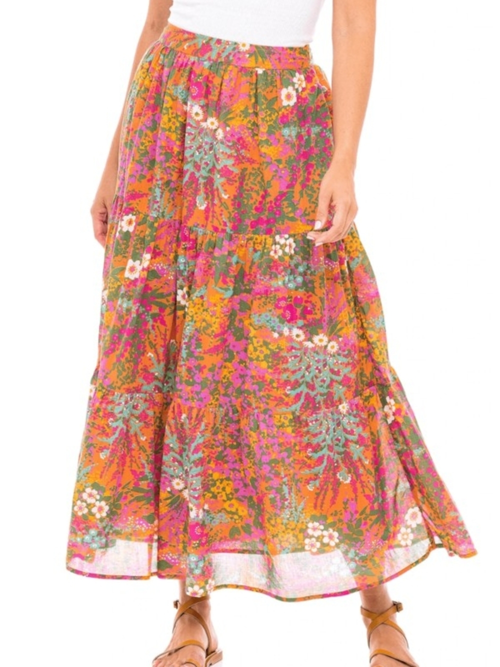 Banjanan Orange & Pink Floral 100% Cotton Tiered Maxi Skirt Size M